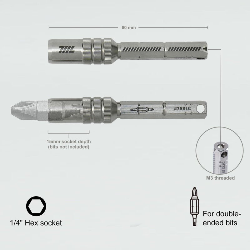 711L 1/4" Magnetic Bit Extension T-Handle L-Handle | 15mm Deep Socket for Double-Ended Bits | Mini Ratchet Wrench Accessory Adapter 7AX1C | 2-Pack - Image 2