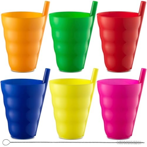Kids Straw Cups Set of 6 10oz Tumbler wBuiltIn Straws for Everyday Use Stackable BPAFree Plastic SipACup Drink Tumblers for Water Juice Milk Dishwasher Safe Neon Colors