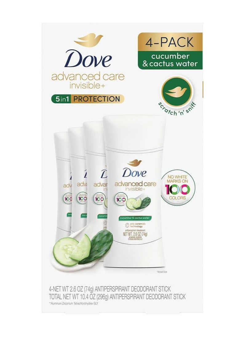 دوف مزيل عرق دوف أدفانسد كير غير مرئي+، بخلاصة الخيار وماء الصبار، 2.6 أونصة، 4 قطع