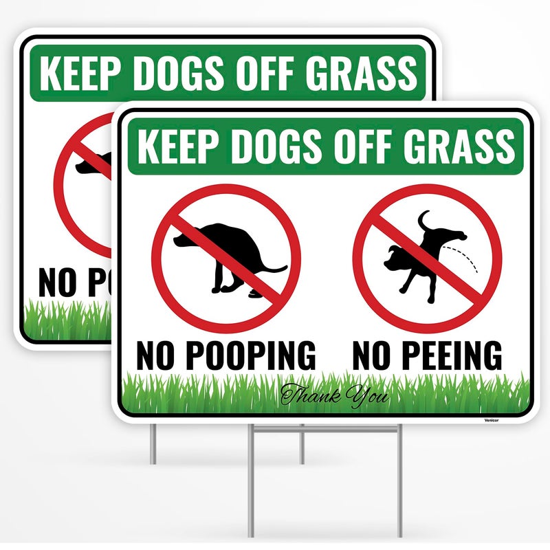Venicor 2PC No Poop or Pee Dog Sign with Stakes, 12 Inches by 9 Inches - Corrugated Plastic - Keep Dogs from Pooping or Peeing Signs for Yard - Curb your Dog off Grass - Image 1