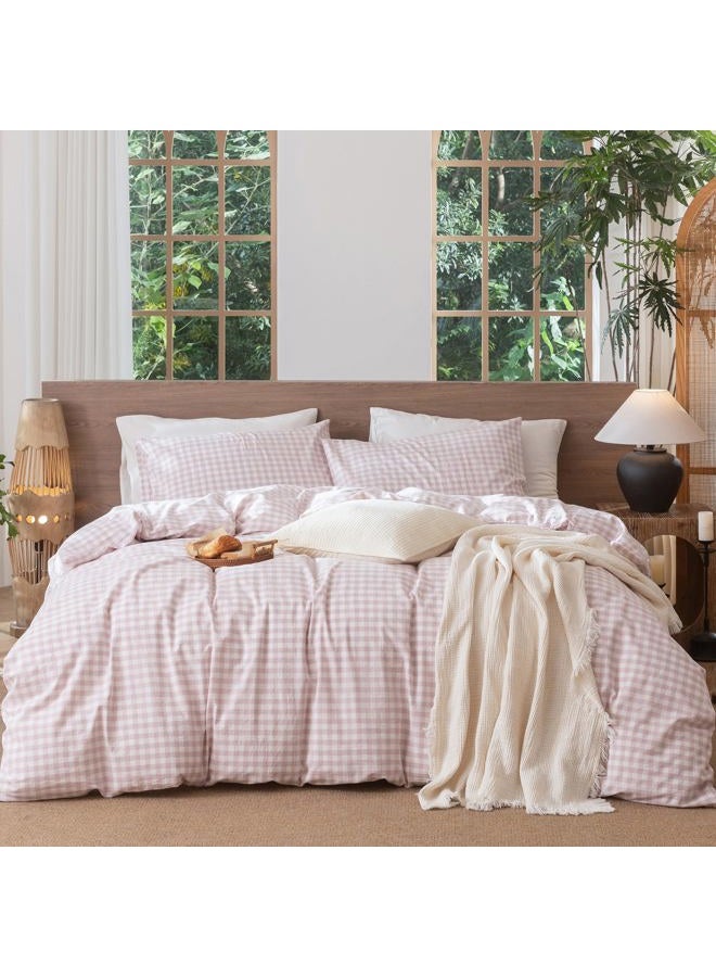 MooMee Gingham Duvet Cover Set 100% Washed Cotton Linen Like Textured Breathable Durable Soft Comfy Modern Checkered Design (Classic Gingham Greyish Pink, Queen 90"x90") - Image 1