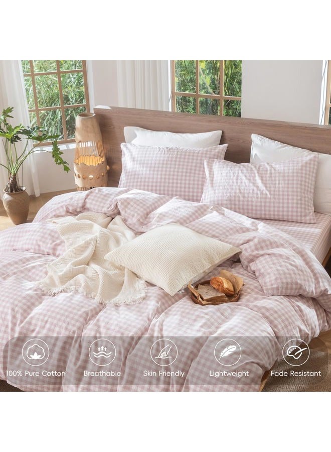 MooMee Gingham Duvet Cover Set 100% Washed Cotton Linen Like Textured Breathable Durable Soft Comfy Modern Checkered Design (Classic Gingham Greyish Pink, Queen 90"x90") - Image 4