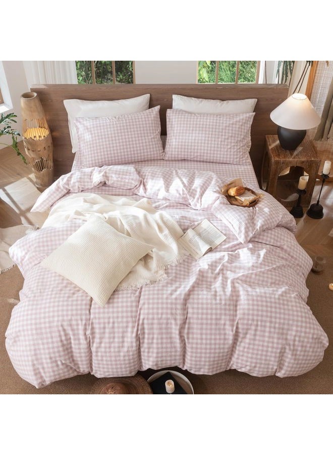 MooMee Gingham Duvet Cover Set 100% Washed Cotton Linen Like Textured Breathable Durable Soft Comfy Modern Checkered Design (Classic Gingham Greyish Pink, Queen 90"x90") - Image 5
