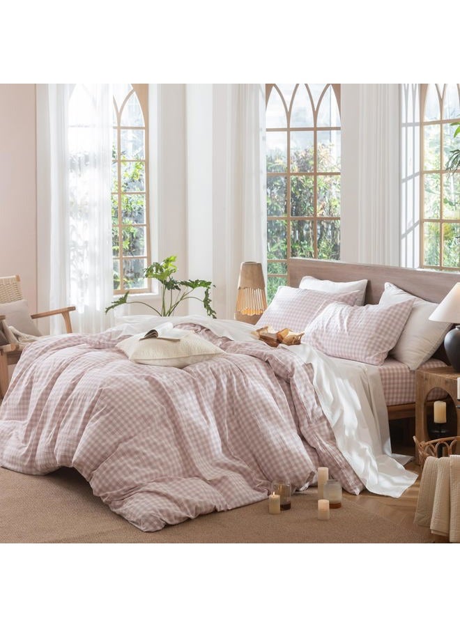 MooMee Gingham Duvet Cover Set 100% Washed Cotton Linen Like Textured Breathable Durable Soft Comfy Modern Checkered Design (Classic Gingham Greyish Pink, Queen 90"x90") - Image 3