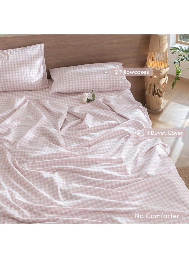 MooMee Gingham Duvet Cover Set 100% Washed Cotton Linen Like Textured Breathable Durable Soft Comfy Modern Checkered Design (Classic Gingham Greyish Pink, Queen 90"x90") - Image 2