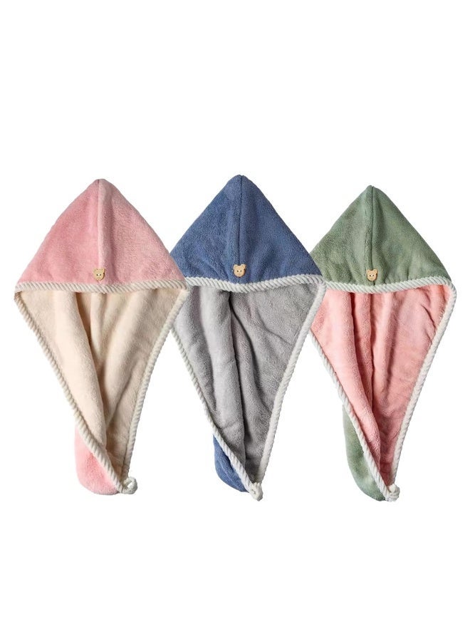 Microfiber Hair Towel Wrap, 3 Pcs Turban with on, Head Towel for Curly Wet Drying Hair for Women, Quick Dry Bath and Shower Towel, Pink, Green, Blue