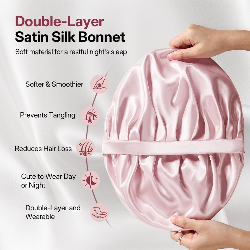 LitBear Silk Satin Bonnet for Sleeping Women, Adjustable Double Layer Hair Bonnet with Scrunchies for Curly Natural Hair, Non Slip Softer Night Sleep Cap Pink - Image 2