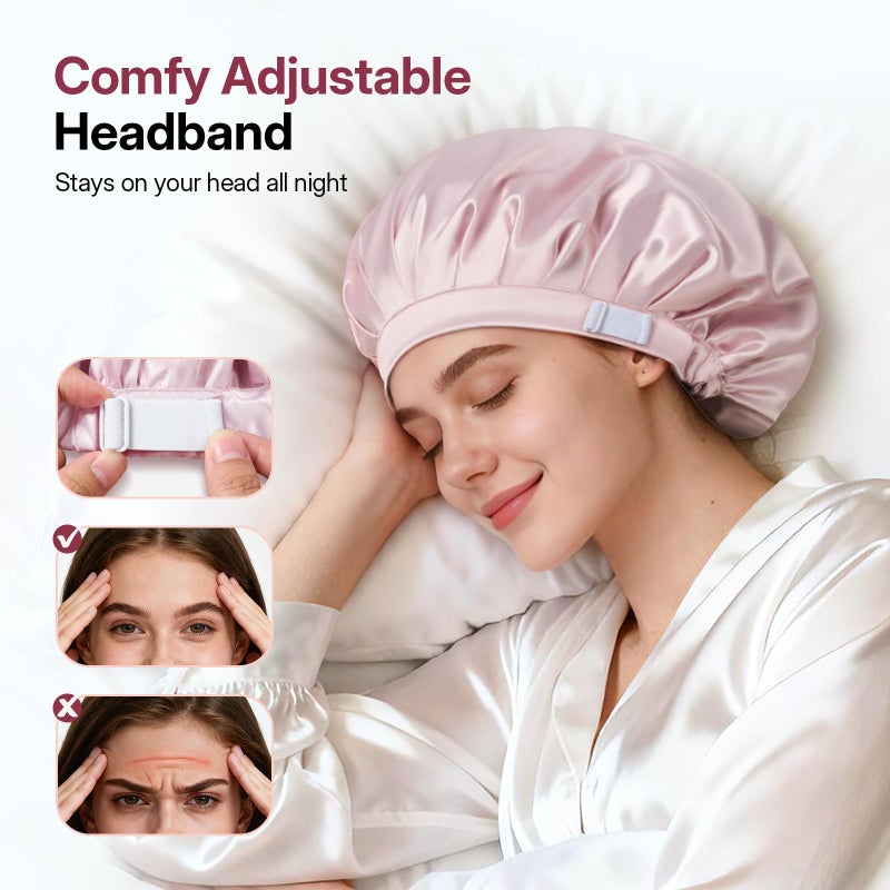 LitBear Silk Satin Bonnet for Sleeping Women, Adjustable Double Layer Hair Bonnet with Scrunchies for Curly Natural Hair, Non Slip Softer Night Sleep Cap Pink - Image 4