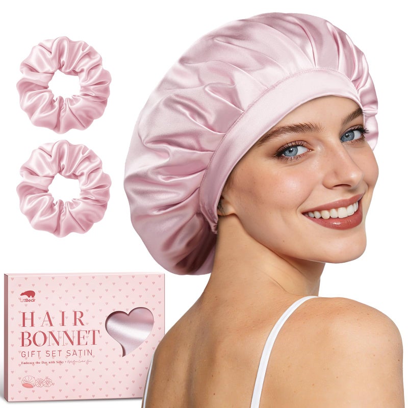 LitBear Silk Satin Bonnet for Sleeping Women, Adjustable Double Layer Hair Bonnet with Scrunchies for Curly Natural Hair, Non Slip Softer Night Sleep Cap Pink - Image 1