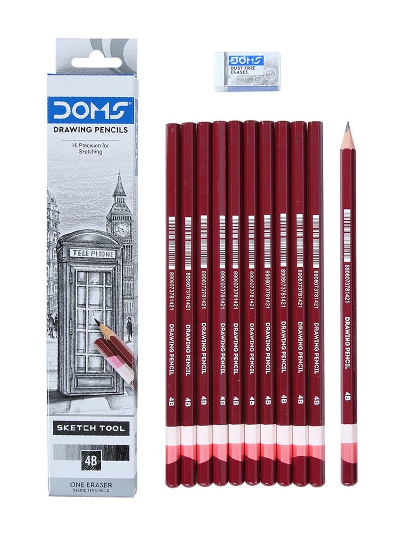 DOMS 10-Piece 4B Grade Graphite Sketch Pencil With An Eraser - Image 1