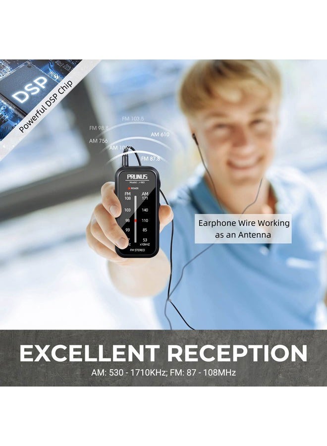 PRUNUS Pocket Radio Mini AM FM Stereo Radio Portable Battery Operated Radio, includes Headphones, with Back Clip and Signal Indicator, Operated by AAA Batteries for Hurricane,Walking,Running,J-985 - Image 2
