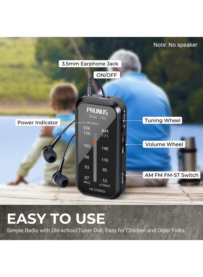 PRUNUS Pocket Radio Mini AM FM Stereo Radio Portable Battery Operated Radio, includes Headphones, with Back Clip and Signal Indicator, Operated by AAA Batteries for Hurricane,Walking,Running,J-985 - Image 4