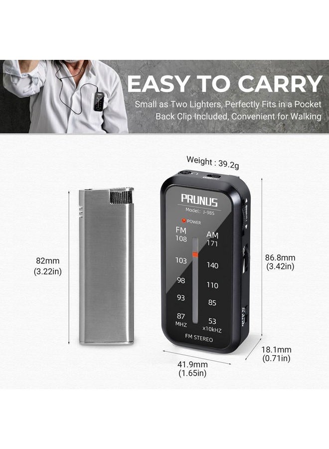 PRUNUS Pocket Radio Mini AM FM Stereo Radio Portable Battery Operated Radio, includes Headphones, with Back Clip and Signal Indicator, Operated by AAA Batteries for Hurricane,Walking,Running,J-985 - Image 3