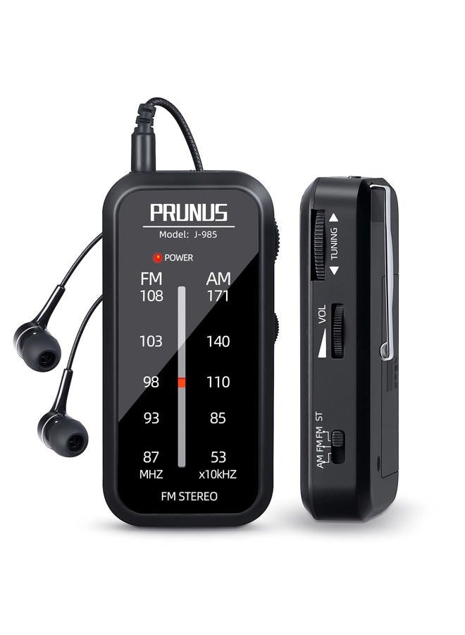 PRUNUS Pocket Radio Mini AM FM Stereo Radio Portable Battery Operated Radio, includes Headphones, with Back Clip and Signal Indicator, Operated by AAA Batteries for Hurricane,Walking,Running,J-985 - Image 1
