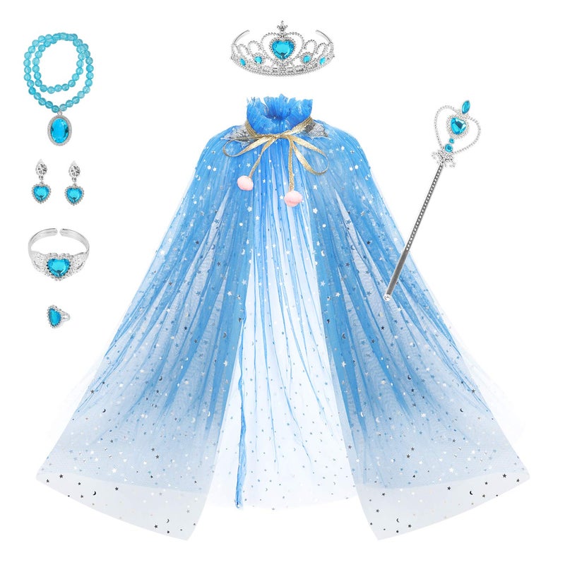 Fedio Princess Cape Set 7 Pieces Girls Princess Cloak with Tiara Crown Wand for Little Girls Dress up Blue - Image 2
