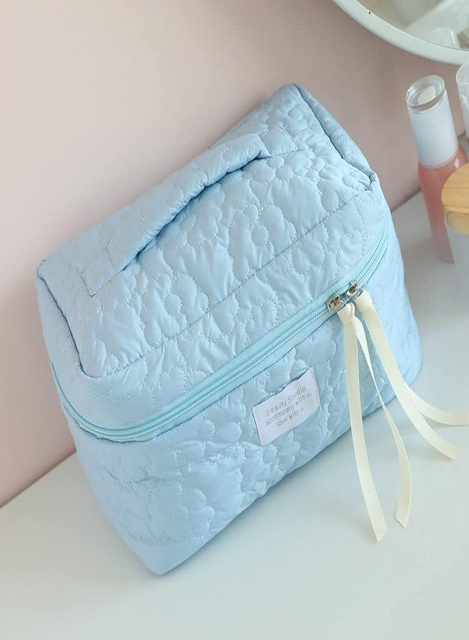 Sprqcart Quilted Cotton Makeup Bag for Women - Large Capacity Travel Cosmetic Organizer with Zipper - Cute Floral Toiletry Pouch - Handheld Portable Multifunctional Storage Purse | Blue - Image 4