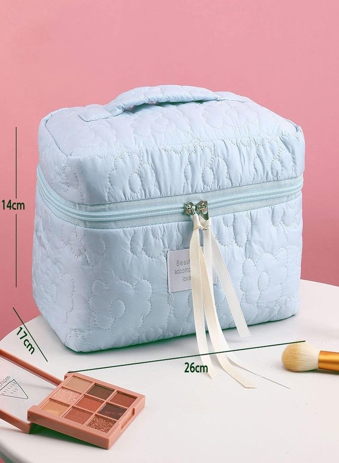 Sprqcart Quilted Cotton Makeup Bag for Women - Large Capacity Travel Cosmetic Organizer with Zipper - Cute Floral Toiletry Pouch - Handheld Portable Multifunctional Storage Purse | Blue - Image 2