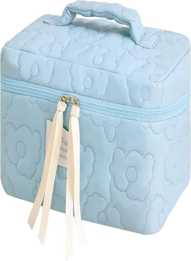Sprqcart Quilted Cotton Makeup Bag for Women - Large Capacity Travel Cosmetic Organizer with Zipper - Cute Floral Toiletry Pouch - Handheld Portable Multifunctional Storage Purse | Blue - Image 1