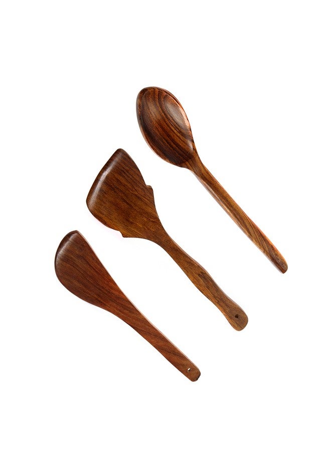 Petals Ethnic Wooden Kitchen Utensil Combo | Set of 3 – Oval Ladle, Taveta Big & Nirlep Taveta | Handcrafted Cooking & Serving Spoon Set with Smooth Handle (Wood) - Image 1