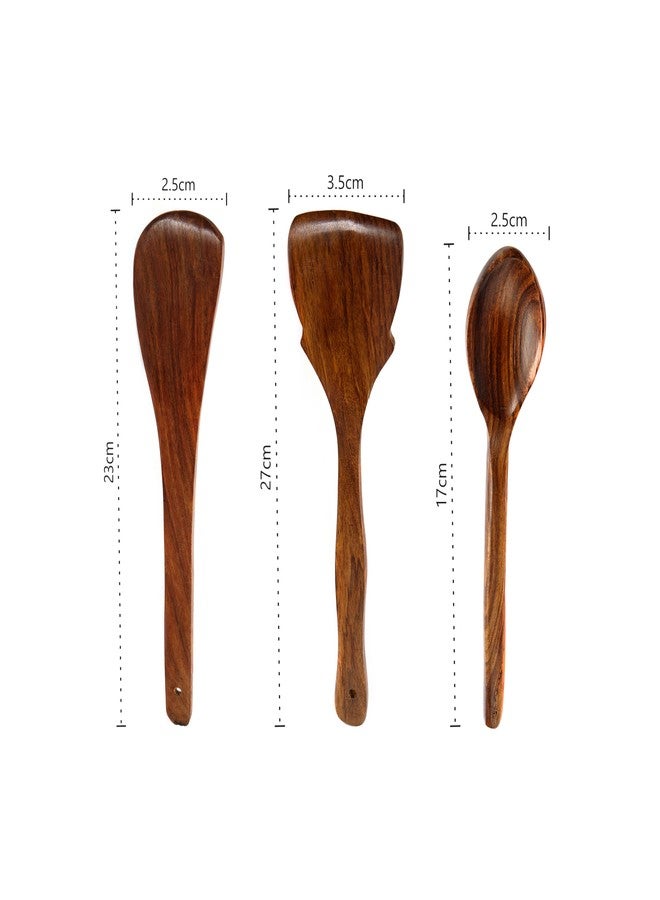 Petals Ethnic Wooden Kitchen Utensil Combo | Set of 3 – Oval Ladle, Taveta Big & Nirlep Taveta | Handcrafted Cooking & Serving Spoon Set with Smooth Handle (Wood) - Image 2