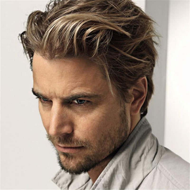 Swiking Men Short Wigs Blonde Wig for Male Guy Layered Halloween Cosplay Party Hair Costume Full Wig for AdultsBlonde Mix Brown