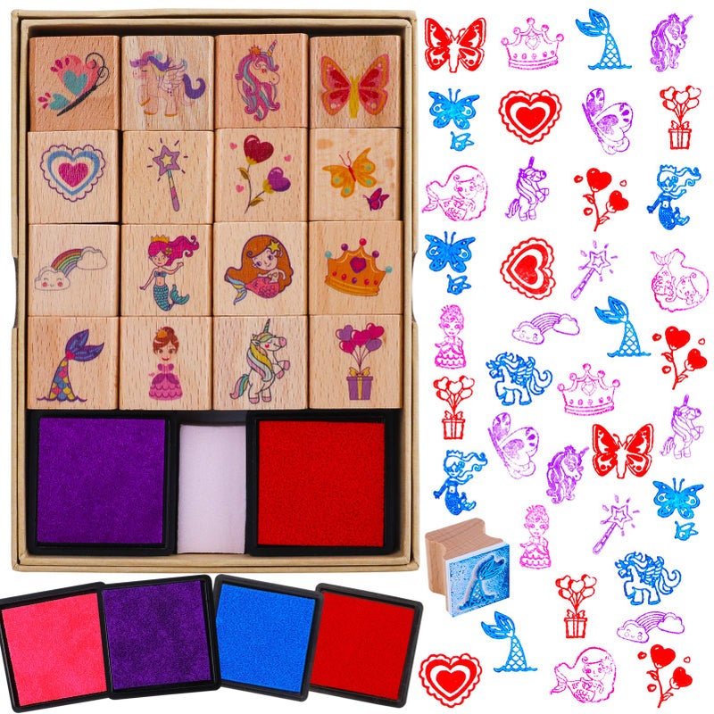 HOWAF 16pcs Wooden Stamps for Crafts  Mermaid Princess Heart Butterfly Stamps with 4pcs Ink Pad  Unicorn Rainbow DIY Scrapbook Card Making Party Bag Fillers Gift Essentials for Kids