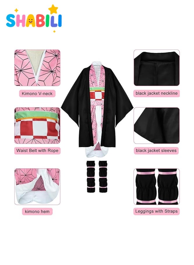 شبيلي زي تنكري للبنات بشخصية نيزوكو كامادو من أنمي Demon Slayer، كيمونو وردي مع هاوري أسود مصنوعان من قماش الكتان، مناسب للهالوين والفعاليات المدرسية وحفلات الأنمي ولعب الأدوار اليومية، هدية مثالية للفتيات - Image 3
