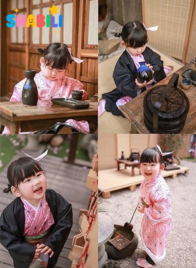 شبيلي زي تنكري للبنات بشخصية نيزوكو كامادو من أنمي Demon Slayer، كيمونو وردي مع هاوري أسود مصنوعان من قماش الكتان، مناسب للهالوين والفعاليات المدرسية وحفلات الأنمي ولعب الأدوار اليومية، هدية مثالية للفتيات - Image 2