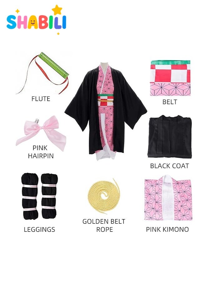 شبيلي زي تنكري للبنات بشخصية نيزوكو كامادو من أنمي Demon Slayer، كيمونو وردي مع هاوري أسود مصنوعان من قماش الكتان، مناسب للهالوين والفعاليات المدرسية وحفلات الأنمي ولعب الأدوار اليومية، هدية مثالية للفتيات - Image 5