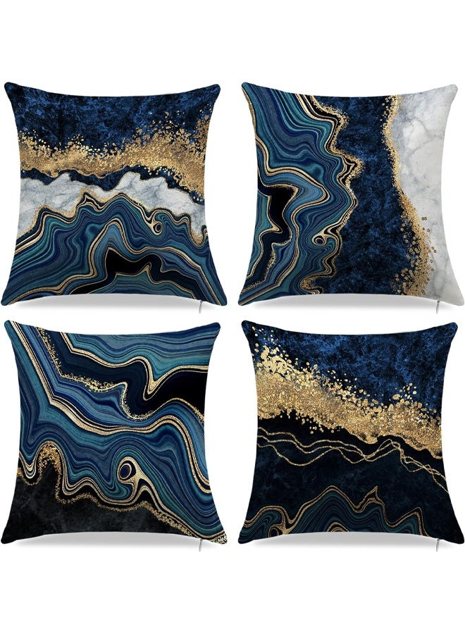 DUNISO مجموعة من 4 أغطية وسائد رمي، أغطية وسائد زخرفية من الرخام الذهبي والأزرق، أغطية وسائد زرقاء وذهبية لأريكة غرفة المعيشة، 18" x 18"، أزرق وذهبي - Image 1