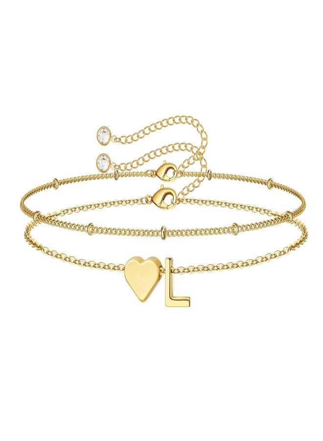 M MOOHAM Initial Bracelets for Women - Dainty 14K-Gold-Plated Heart Initial Letter L Link Charm Bracelets for Women Trendy 14K-Gold-Plated Jewelry Personalized Gifts - Image 1