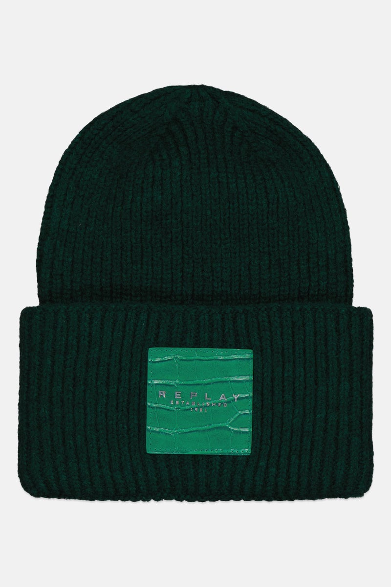 Replay Women Brand Logo Knitted Beanie, Green - Image 1
