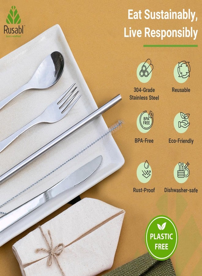 Rusabl طقم أدوات مائدة من الفولاذ المقاوم للصدأ من روسابل (عبوة من 5 قطع، أخضر) حقيبة سفر قابلة لإعادة الاستخدام للاستخدام اليومي، ولتقديمها كهدية، وللسفر (ملعقة، شوكة، ماصة فولاذية، فرشاة تنظيف، منديل، وحقيبة من الجوت). - Image 3