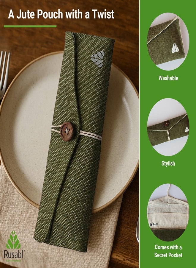 Rusabl طقم أدوات مائدة من الفولاذ المقاوم للصدأ من روسابل (عبوة من 5 قطع، أخضر) حقيبة سفر قابلة لإعادة الاستخدام للاستخدام اليومي، ولتقديمها كهدية، وللسفر (ملعقة، شوكة، ماصة فولاذية، فرشاة تنظيف، منديل، وحقيبة من الجوت). - Image 4