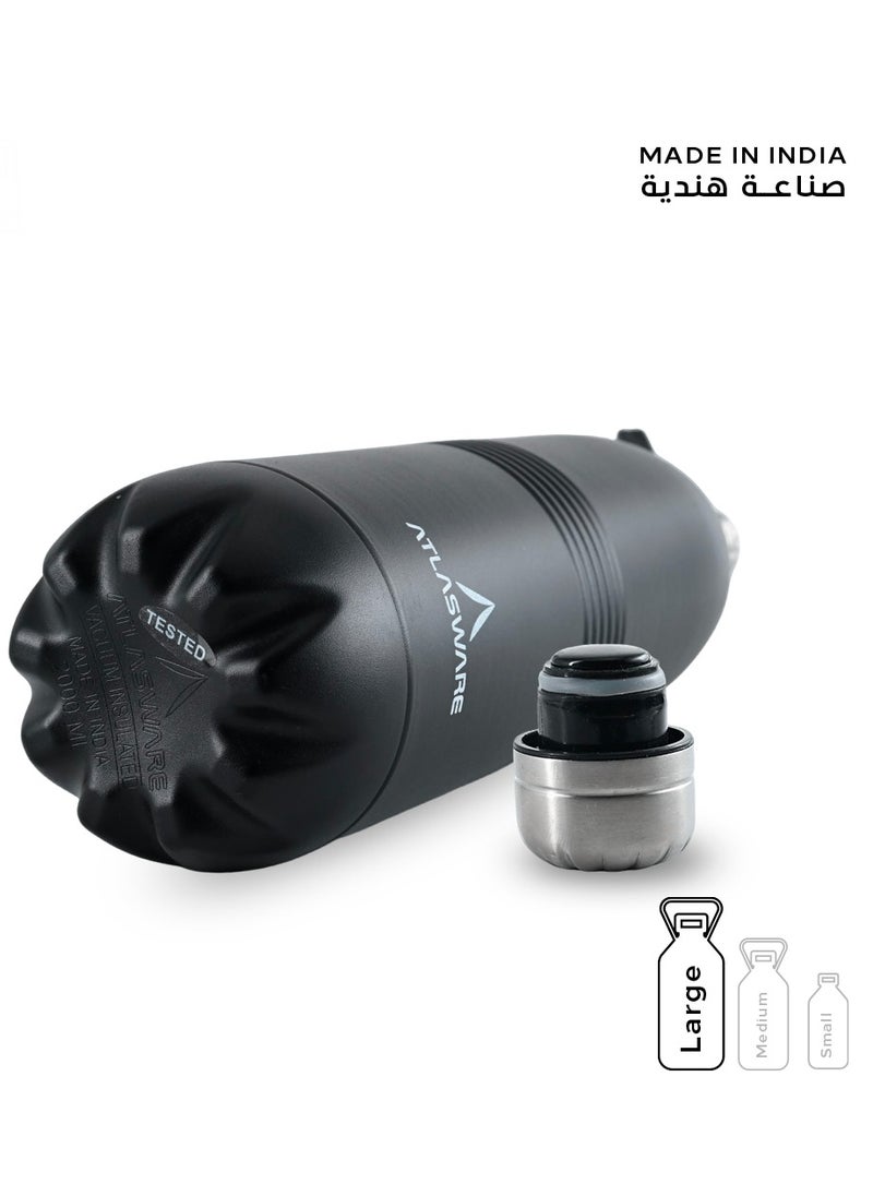 Atlasware - Water Bottle with a Capacity of 2000 ml, Stainless Steel Water Bottle that keeps Cold for 130 Hours and Keeps Heat for 52 Hours, Black - Image 1