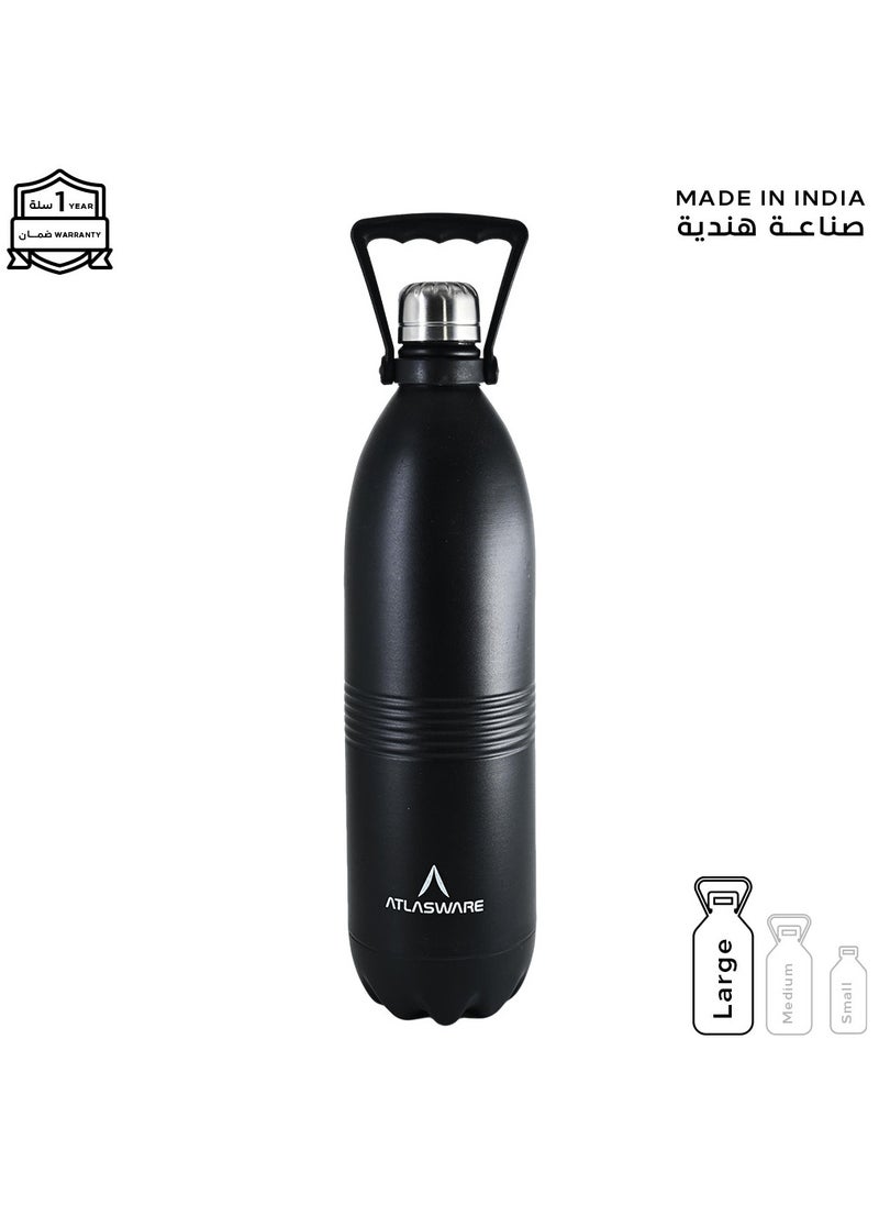 Atlasware - Water Bottle with a Capacity of 2000 ml, Stainless Steel Water Bottle that keeps Cold for 130 Hours and Keeps Heat for 52 Hours, Black - Image 1