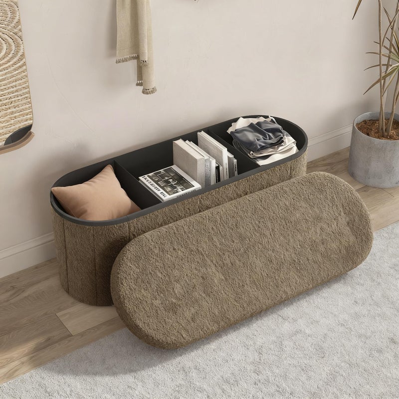 GLAXYFUR Oval Storage Ottoman Bench, Sherpa Foot Rest, 43 Inch Folding Chest for Living Room, Bedroom, Brown - Image 1
