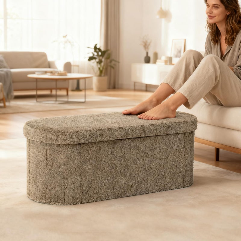 GLAXYFUR Oval Storage Ottoman Bench, Sherpa Foot Rest, 43 Inch Folding Chest for Living Room, Bedroom, Brown - Image 2
