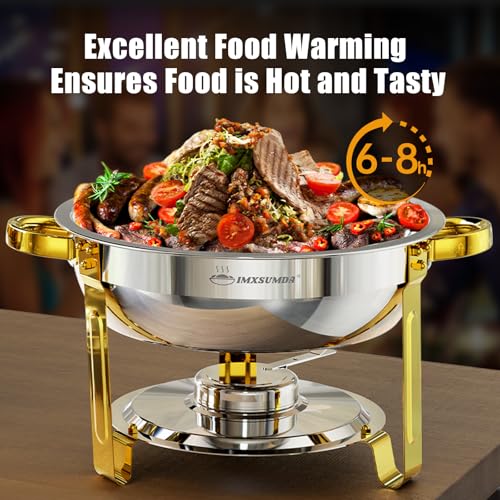 IMXSUMDA Chafing Dishes for Buffet Set 4 Pack, 5QT Round Dish Buffet Servers and Warmers High Grade Stainless Steel Food Warmers for Parties, Christmas Gatherings, Weddings, Catering, Gold & Silver - Image 2