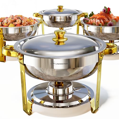IMXSUMDA Chafing Dishes for Buffet Set 4 Pack, 5QT Round Dish Buffet Servers and Warmers High Grade Stainless Steel Food Warmers for Parties, Christmas Gatherings, Weddings, Catering, Gold & Silver - Image 1