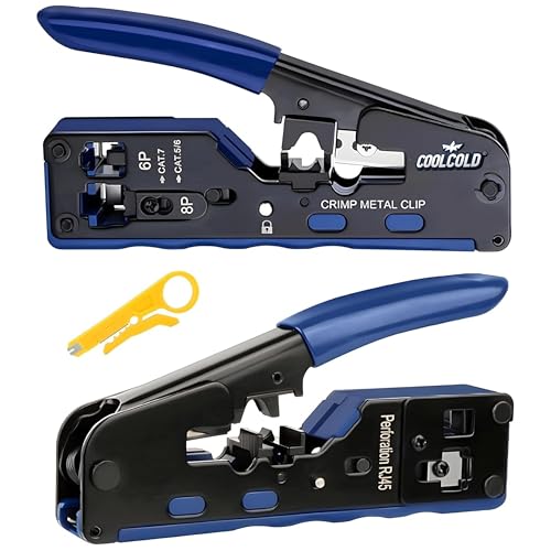 COOLCOLD RJ45 Crimping Tool + Universal Stripping Tool, Pass Through Cat5/Cat7 Multifunctional Crimp Tool Alloy Carbon Steel 6P 8P RJ11 RJ12 RJ45 STP/UTP Ethernet, 10Pcs Cat7 Connector (Multi-Color) - Image 1