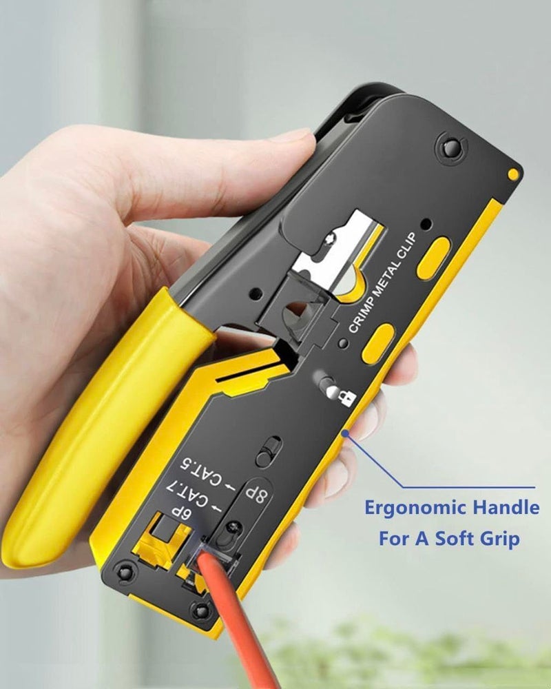 COOLCOLD RJ45 Crimping Tool + Universal Stripping Tool, Pass Through Cat5/Cat7 Multifunctional Crimp Tool Alloy Carbon Steel 6P 8P RJ11 RJ12 RJ45 STP/UTP Ethernet, 10Pcs Cat7 Connector (Multi-Color) - Image 5