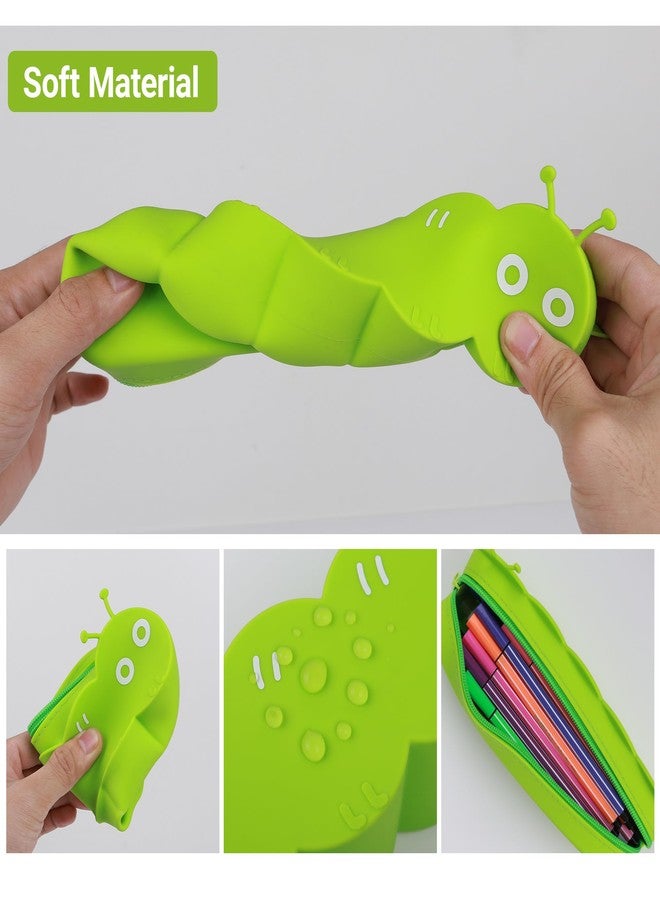 Umbrotiger Caterpillar Silicone Pencil Case Flexible Waterproof Pen Holder for Artists, Office & Classroom, Reusable Cute Design Storage Bag, Lightweight Travel Organizer Free Lens Cloth (Green) - Image 4