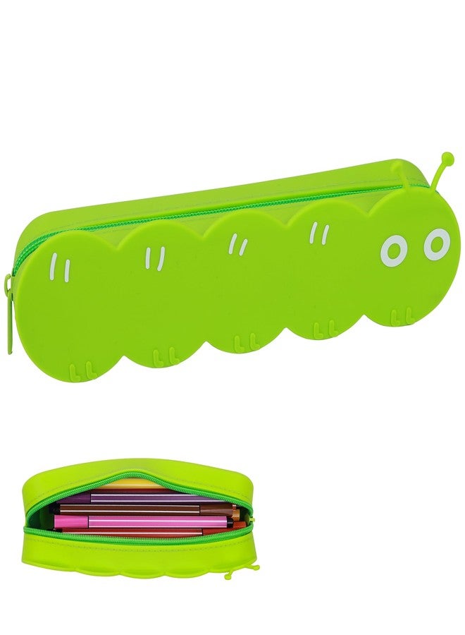 Umbrotiger Caterpillar Silicone Pencil Case Flexible Waterproof Pen Holder for Artists, Office & Classroom, Reusable Cute Design Storage Bag, Lightweight Travel Organizer Free Lens Cloth (Green) - Image 1
