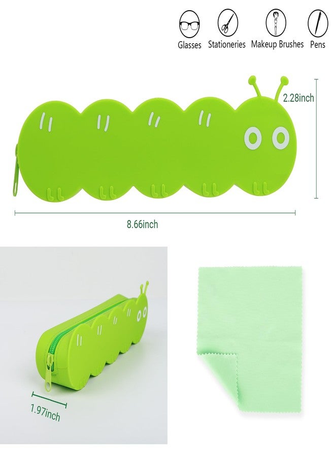 Umbrotiger Caterpillar Silicone Pencil Case Flexible Waterproof Pen Holder for Artists, Office & Classroom, Reusable Cute Design Storage Bag, Lightweight Travel Organizer Free Lens Cloth (Green) - Image 2
