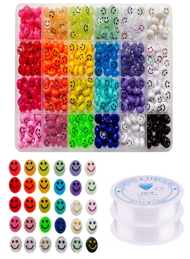 Looconi Amaney 480pcs Smiley Face Beads 24 Colors 10mm Big Acrylic Beads with Stretchy Bracelet String for Jewelry Bracelet Earring Necklace Craft Mobile Phone Pendant Making Kit - Image 1