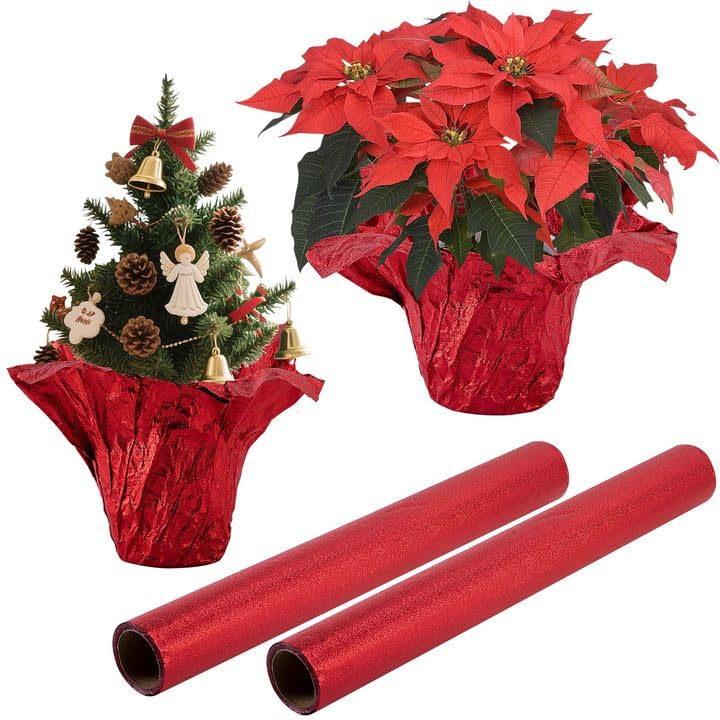 Adnee 2 Roll 10 Yard Floral Foil Plant Pot CoversMatte Texture Christmas Plant Pot FoilRed Floral Pot Wrapping Paper for Christmas Home Flower Pot DIY decor - Image 1