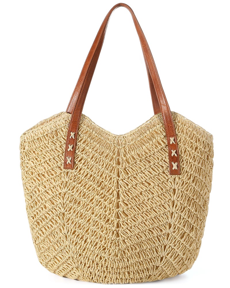Loiyadn Straw Bag - Soft Woven beach bag, Large Beach Bags for Women with Zipper, Casual Shoulder Bag for Beach, Travel & Daily Use, beige - Image 1
