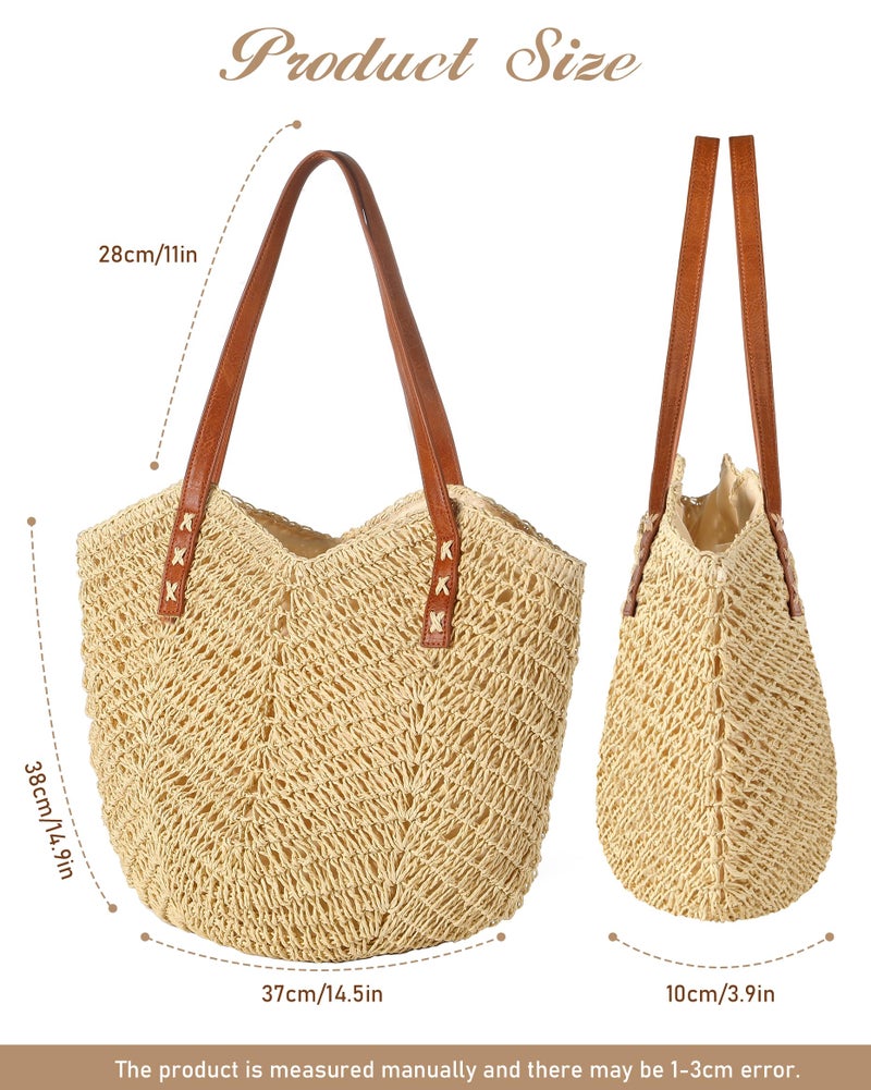 Loiyadn Straw Bag - Soft Woven beach bag, Large Beach Bags for Women with Zipper, Casual Shoulder Bag for Beach, Travel & Daily Use, beige - Image 4