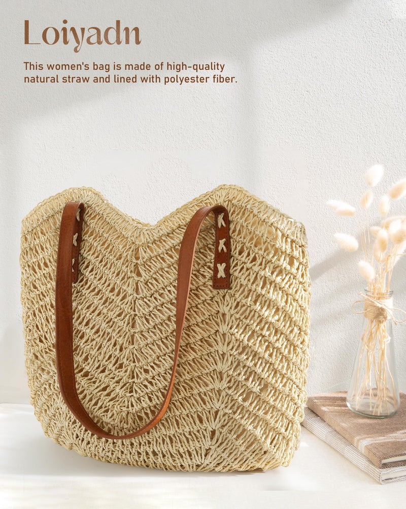 Loiyadn Straw Bag - Soft Woven beach bag, Large Beach Bags for Women with Zipper, Casual Shoulder Bag for Beach, Travel & Daily Use, beige - Image 5